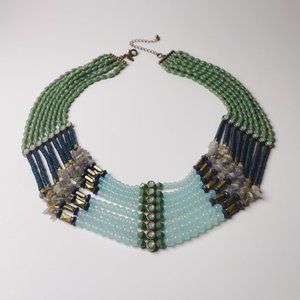 Lia Sophia Goddess Blue Green Bib Stone Chip Beaded Summer Statement Necklace